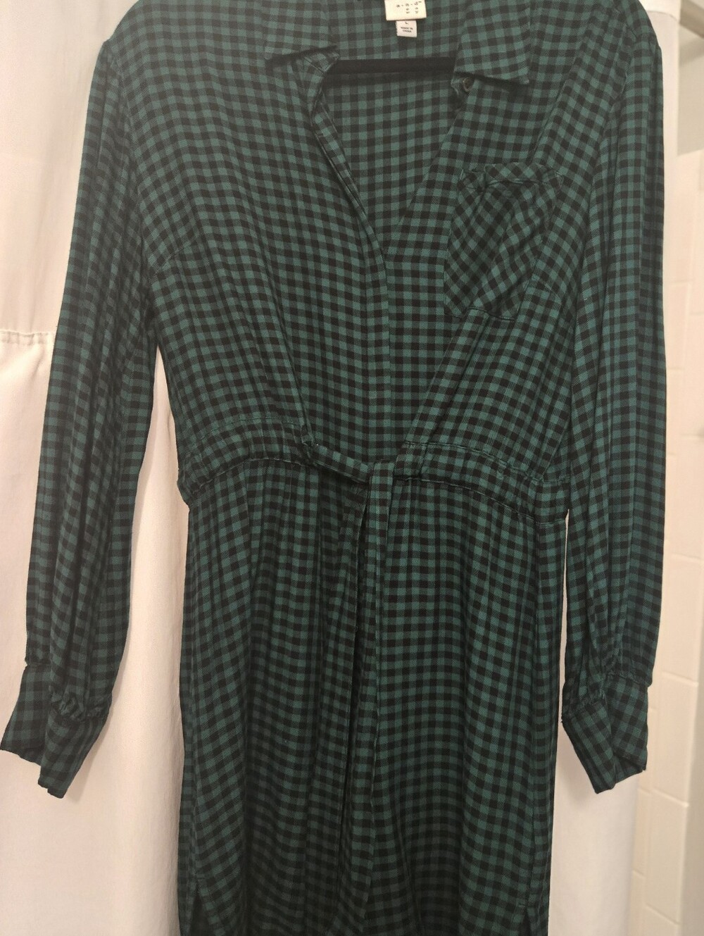 a new day Green Gingham Tie-Waist Shirt Dress - Large - Picture 5 of 8